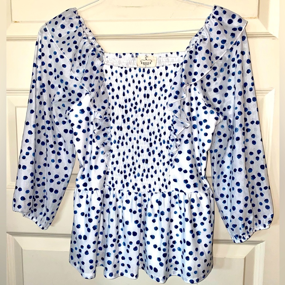 womens polka dot blouse with ruffle detail stretchy material! size large